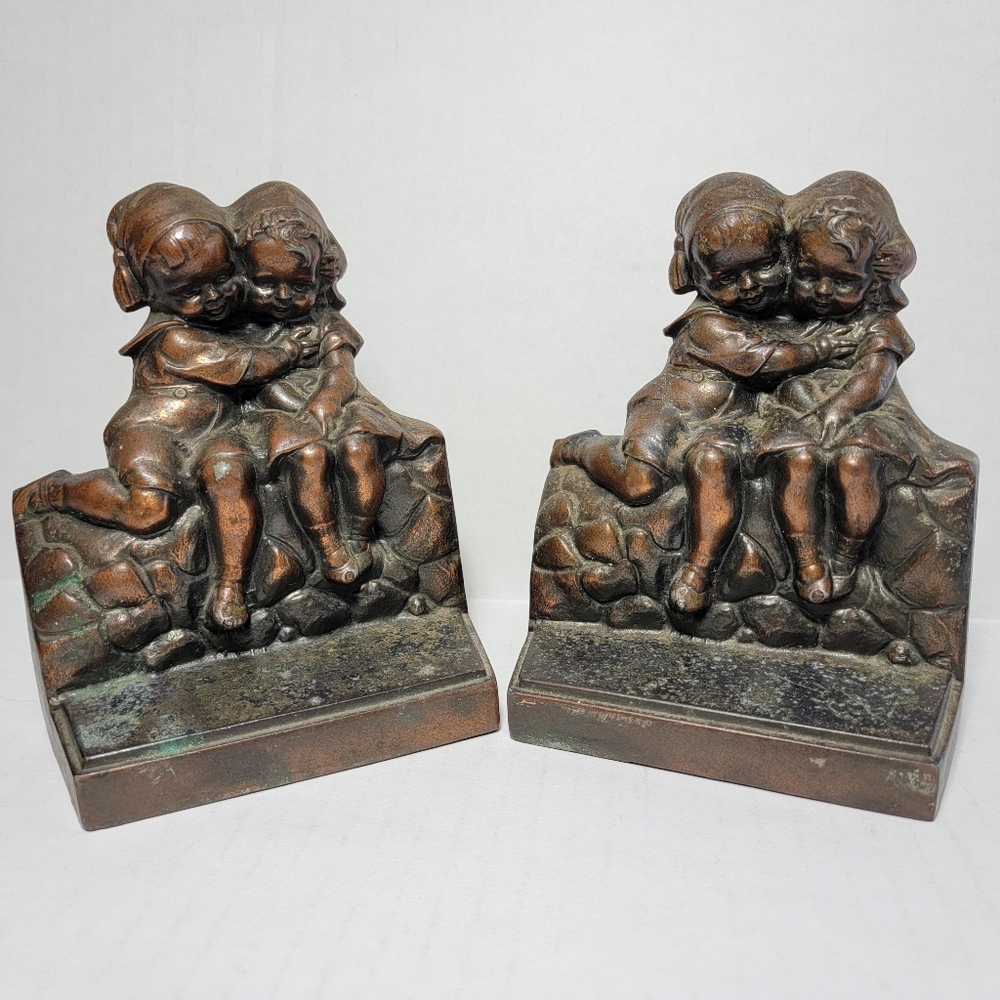 Whimsical Vintage Metal Bookend Children Hugging On Rockwell Bronzeart,